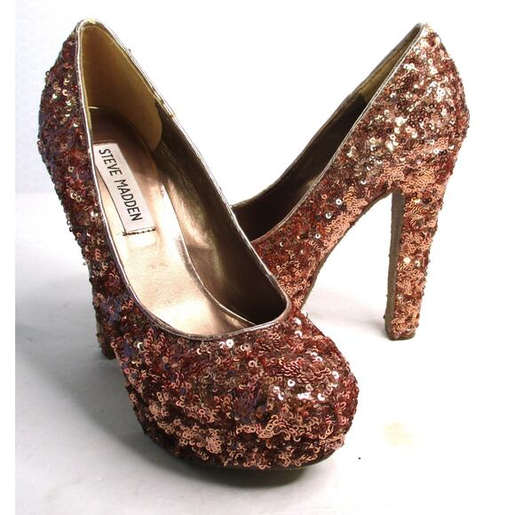 STEVE MADDEN Rose Gold Sequined Glitter Platform High Heel Pumps Sz 6.5 - Picture 2 of 10